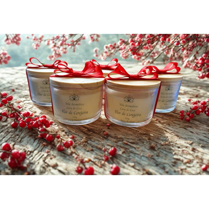 Vela Aromática Flor de Cerejeira ESSÊNCIA PREMIUM 100g SUPER CHEIROSA - OFICIAL - Com Tampa de Madeira