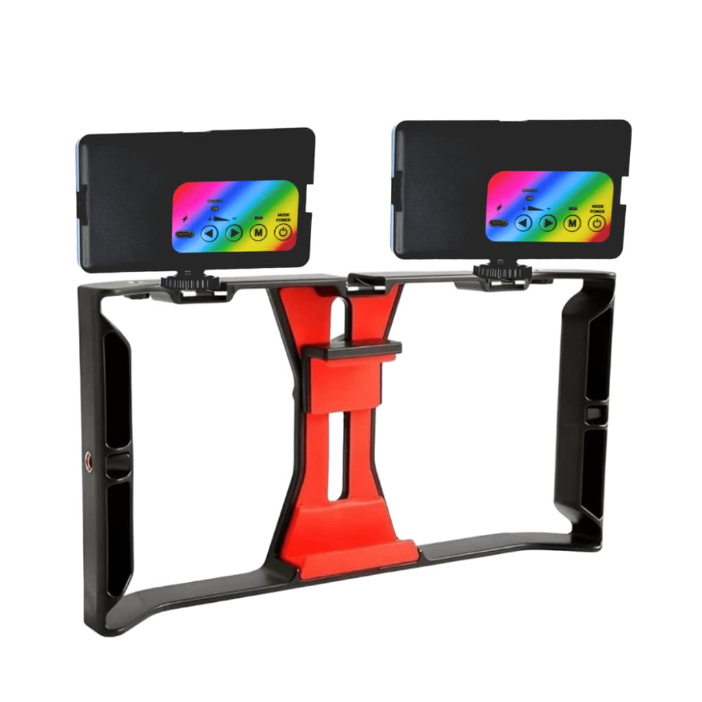 Kit Estabilizador Gaiola Video Making de Celular Com 2 Luzes de Led RGB Recarregável