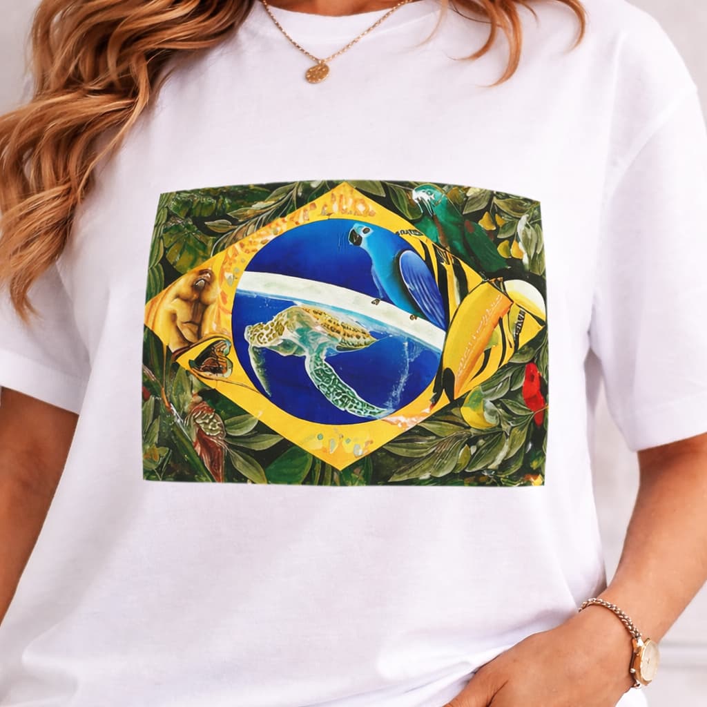 Camiseta Feminina Estampa Torcida Brasil Bandeira Tartaruga Algodão Premium Casual Moda Verão 2026