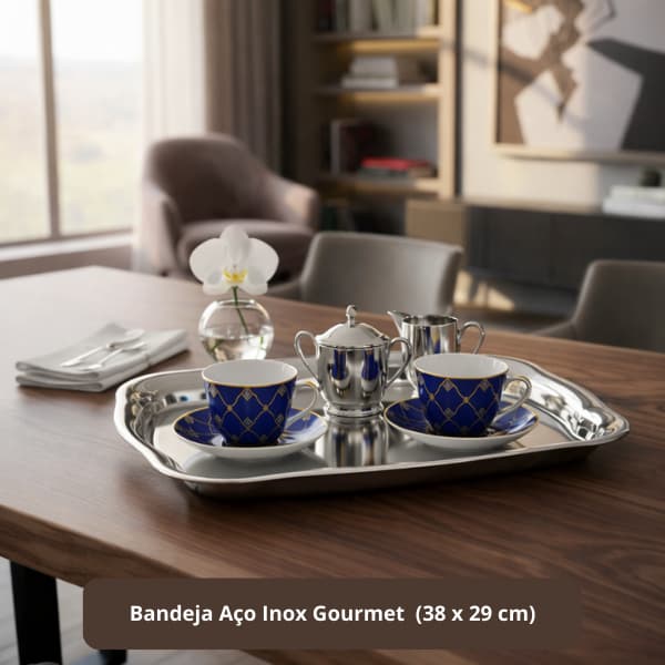 Bandeja de Inox Grande 38x29cm para Servir Café e Drinks Aço Inoxidável James F