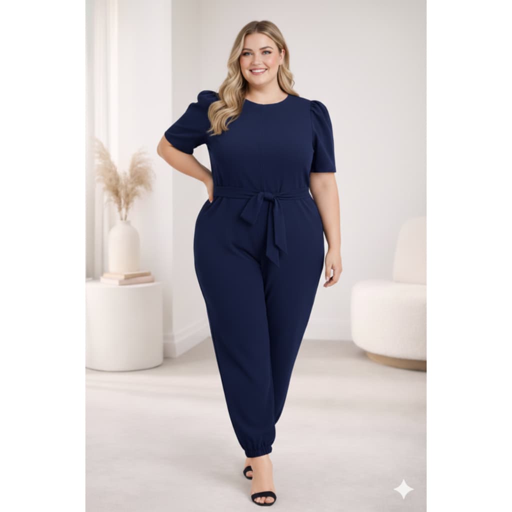 Macacão Feminino Longo Plus Size Manga Princesa Com Cinto Elegante