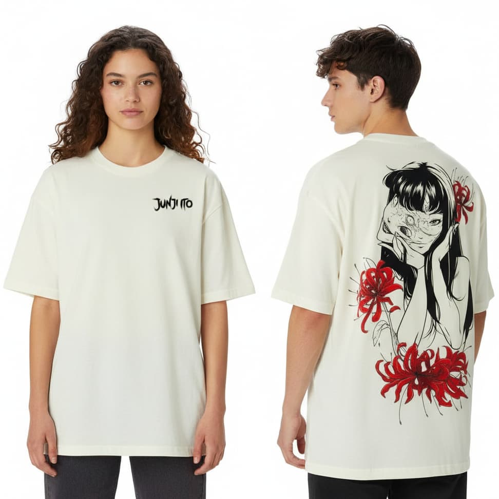 Camiseta Masculina e Feminina Oversized Tomie Junji Ito Flowers Algodão 30.1 Penteado Geek