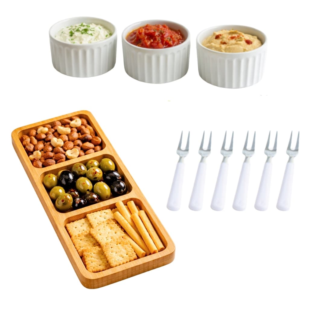 Petisqueira de Bambu Tábua de Frios Kit Petisqueira Ramequim de Porcelana Kit 5 Peças