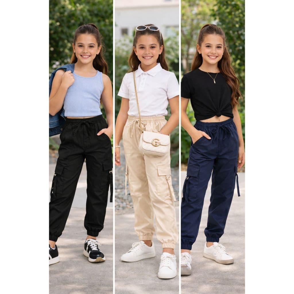 Calça Parachute Jogger Preto Feminina Bolso Cargo Estilo Gringa 6 a 12 anos