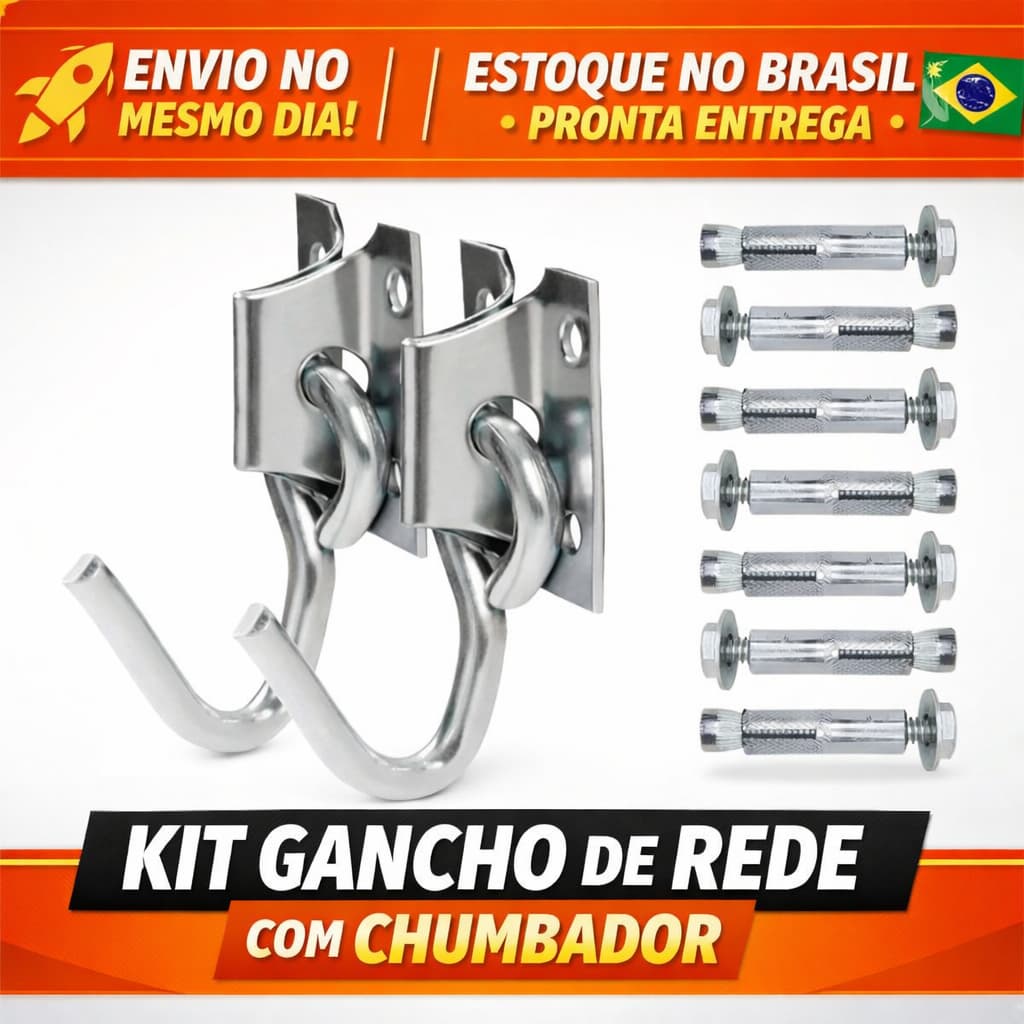 Kit Gancho Armador De Rede De Balanço até 250kg Aço Grosso Reforçado Com 8 Parafusos E Buchas Ou Chumbadores