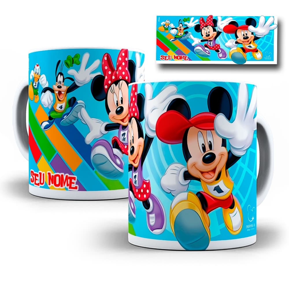 Caneca Xicara Porcelana Turma Disney Mickey, Donald, Minnie, Pateta, Pluto, Margadida, Personalizada com Seu Nome