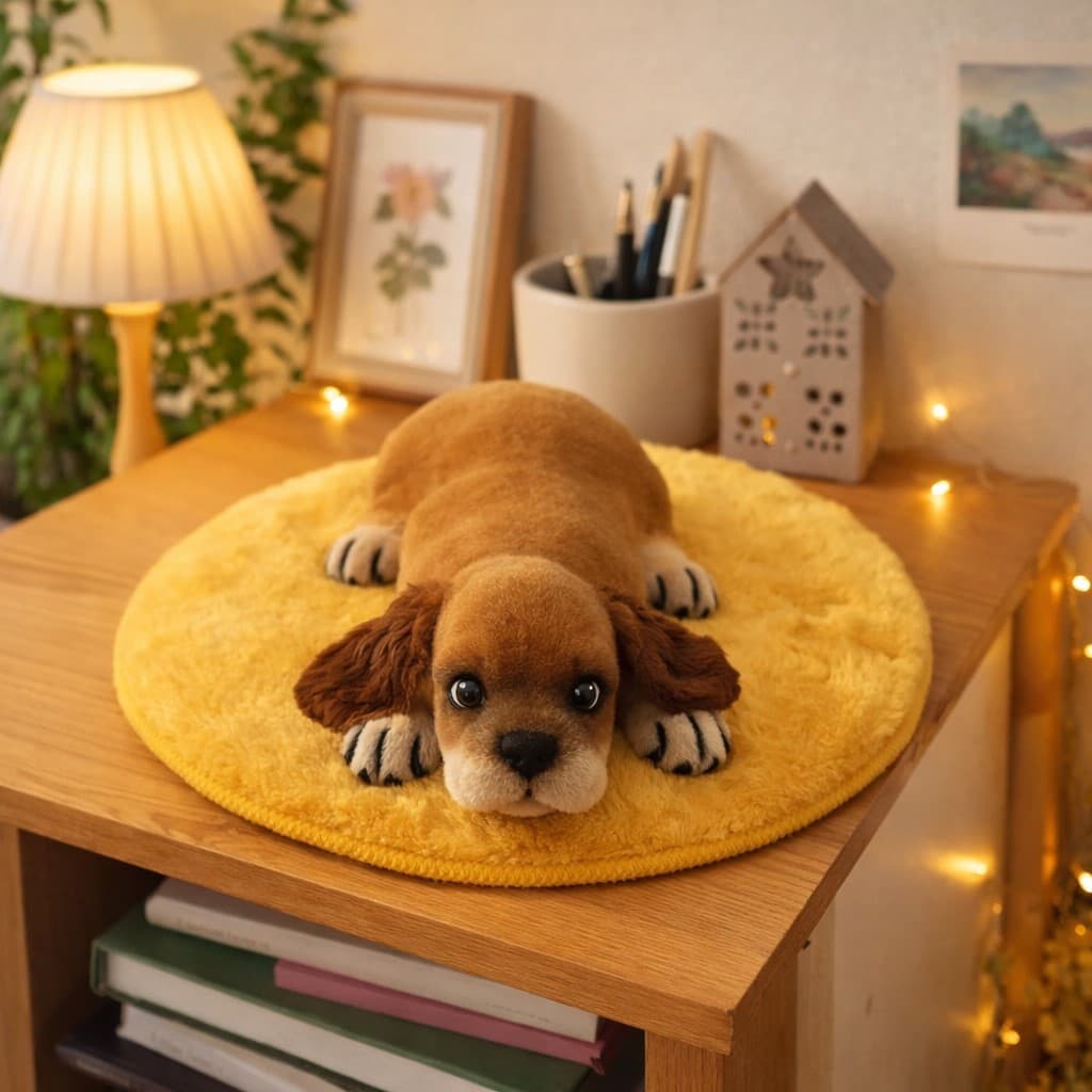 Escultura Cachorrinho Deitado Em Gesso Flocado Decorativo Marrom Com Bege
