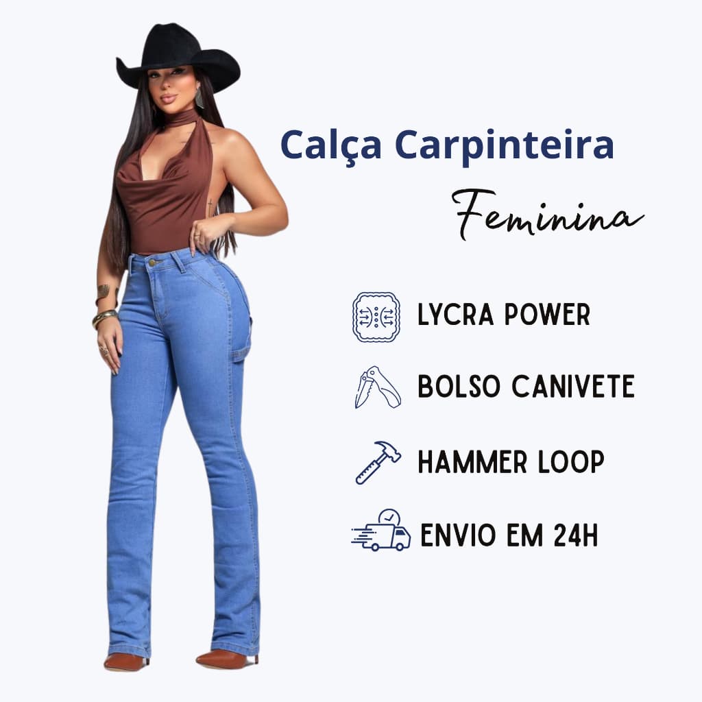 Calça Carpinteira Feminina Jeans com Elastano Country Rodeio Levanta Bumbum