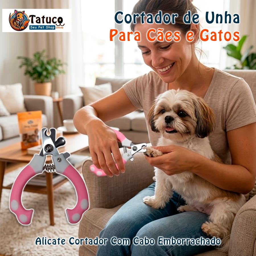 Alicate Cortador de Unha Cães e Gatos Lâmina em Aço Inox Cabo Emborrachado Trava de segurança