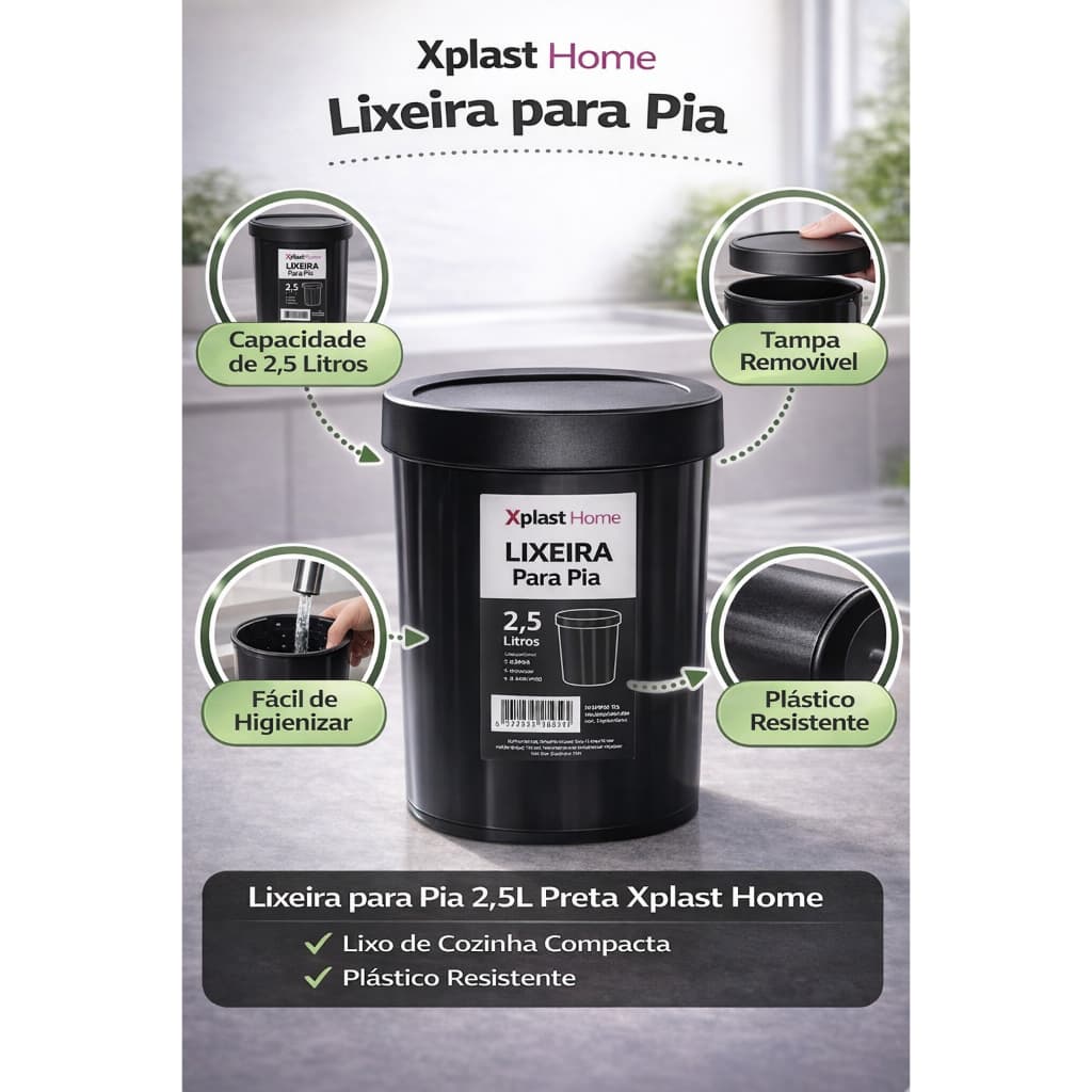 Lixeira para Pia 2,5L Preta Xplast Home | Lixo de Cozinha Compacta | Plástico Resistente