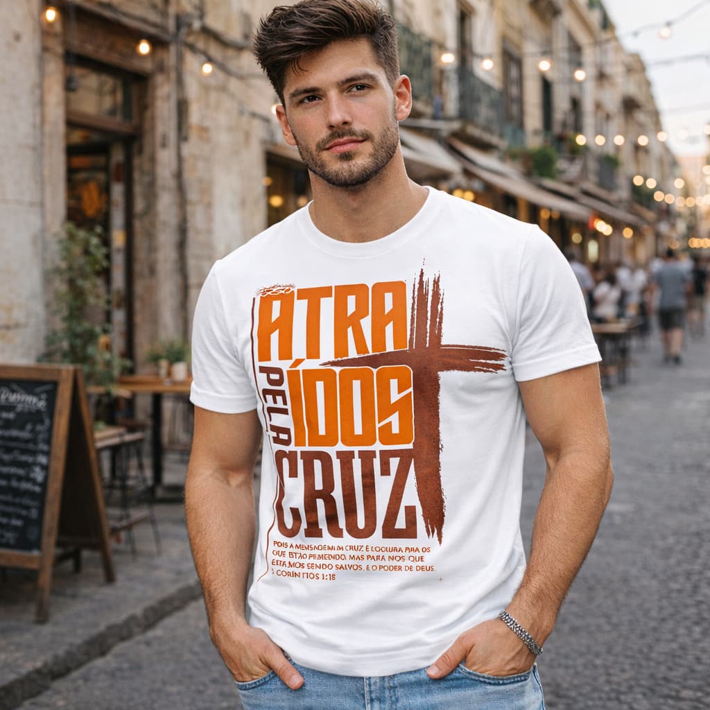 Camiseta Masculina Gospel Atraído Pela Cruz | Camisa Cristã Estilosa | Moda Evangélica Versículo Bíblico