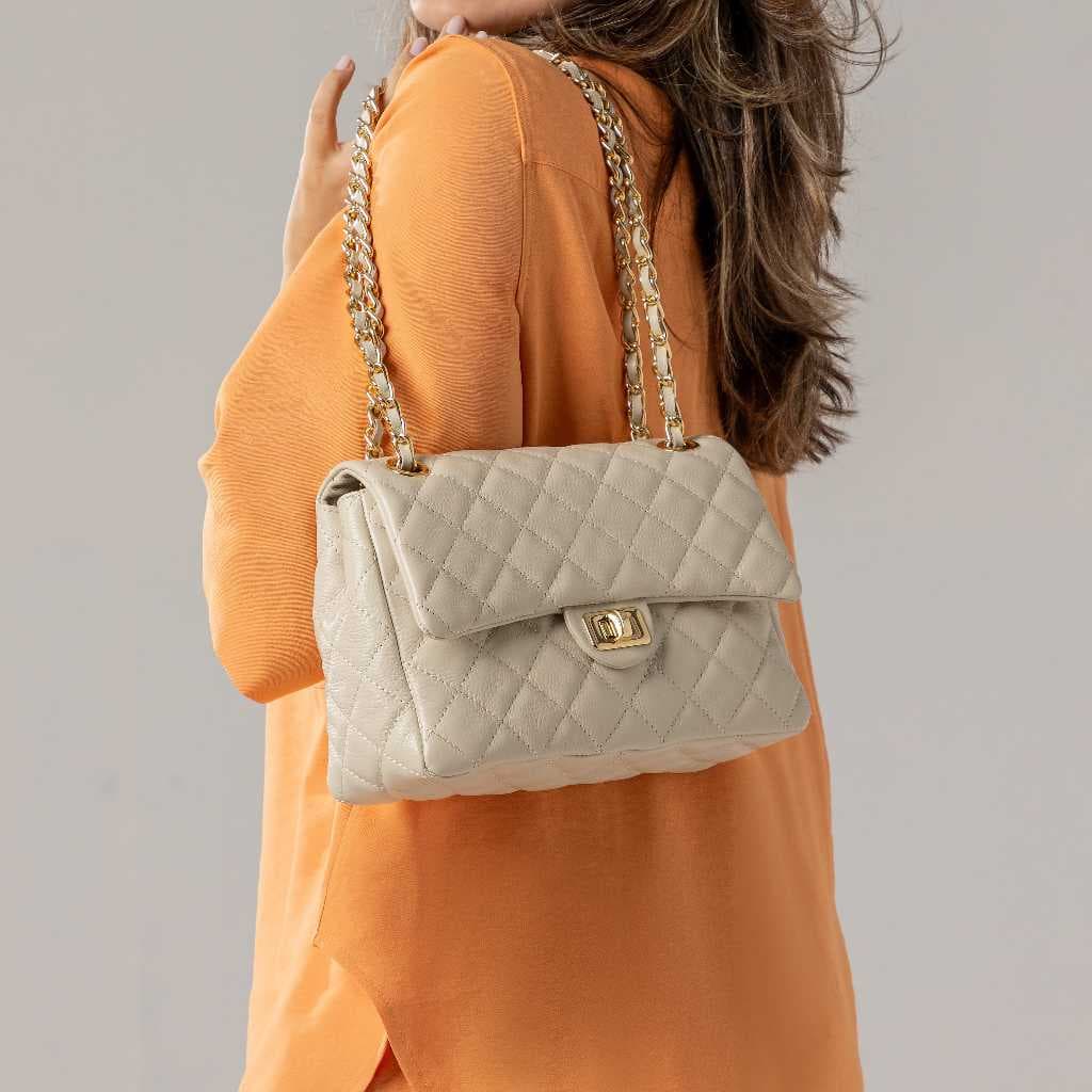 Bolsa Feminina Couro Legítimo Vittal Barbara Design Matelassê Off White
