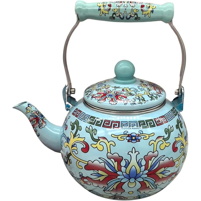 Chaleira Esmaltada Decorada 2.4L Azul Bebê Retrô – Estilo Floral Oriental Vintage