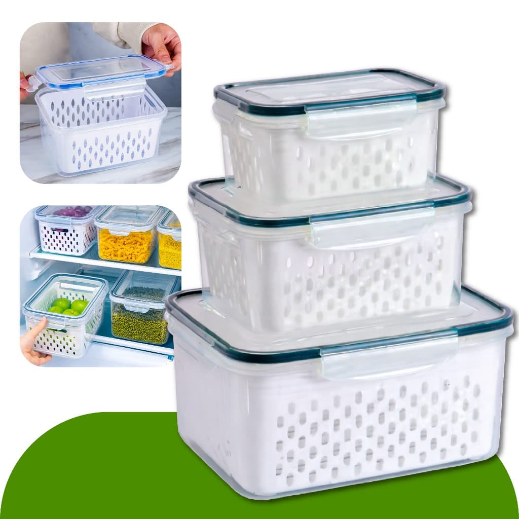 Kit 3 Potes Herméticos Com Escorredor Cesto Organizador De Geladeira Linha Premium