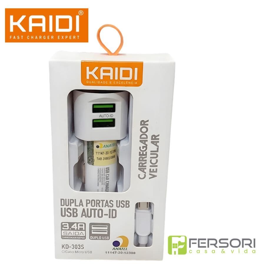 Carregador Veicular KD-303S Kaidi  Dual USB + Cabo Micro USB V8