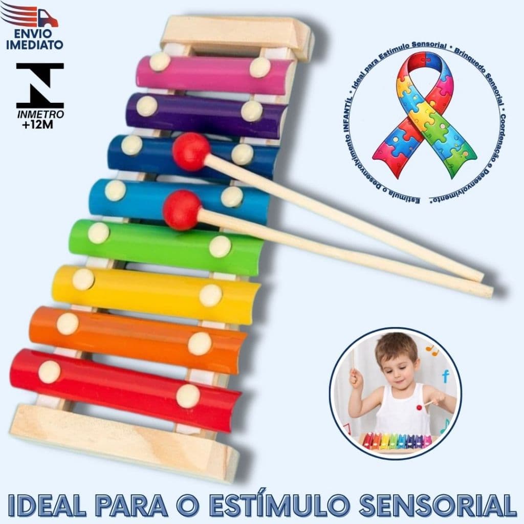 Xilofone Infantil 8 Notas Madeira Brinquedo Educativo Musical Montessori