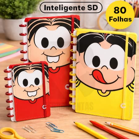 Caderno Inteligente SD Monica e Magali grande ou pequeno 80 Folhas Capa e contracapa rígidas
