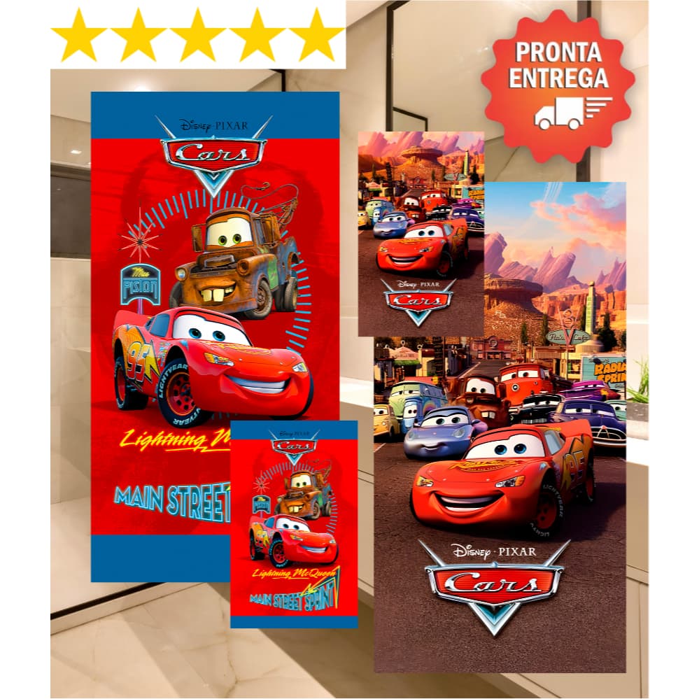 Toalha de Banho Praia Piscina e Rosto Lavabo Carros Infantil Relampago McQueen Estampada 140x70