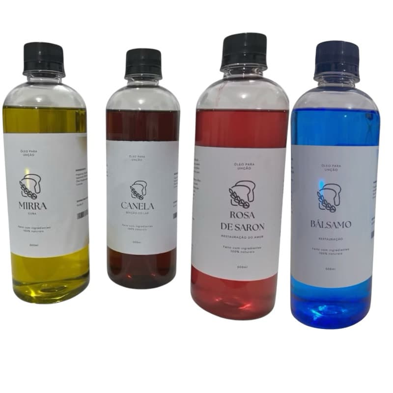 Kit 4 Óleos Mirra e balsamo Canela e Rosa de saron 500ml | Óleo de Unção Natural e Puro