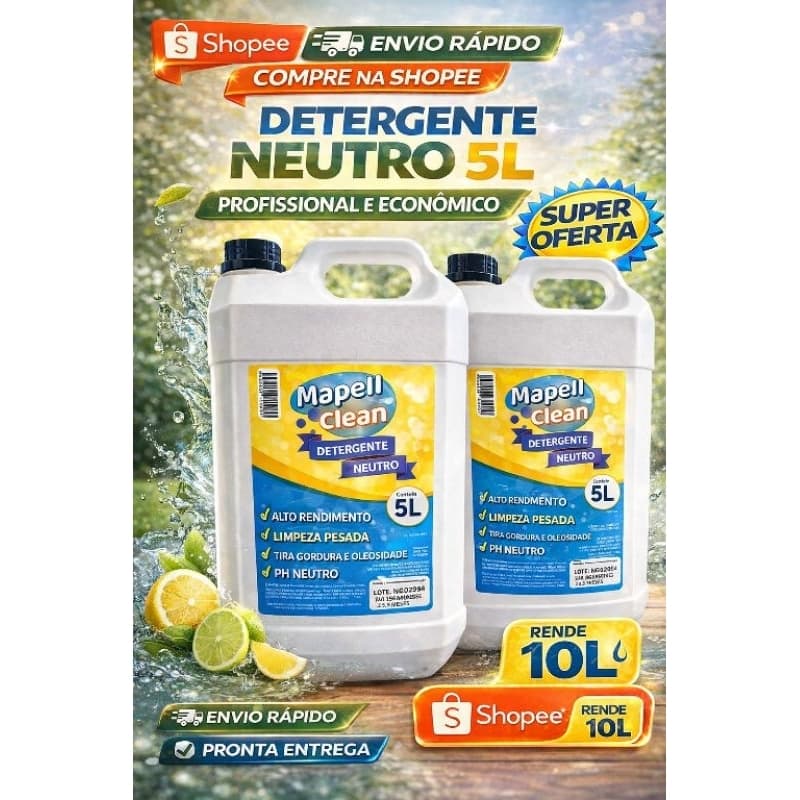 Detergente Neutro 10 Litros Mapell Clean – Kit 2x5L Lava Louças