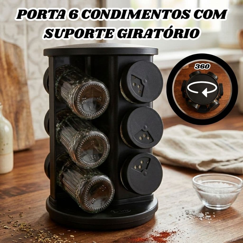Porta Tempero Giratório Condimento com potes de Vidro e três tipos de furo