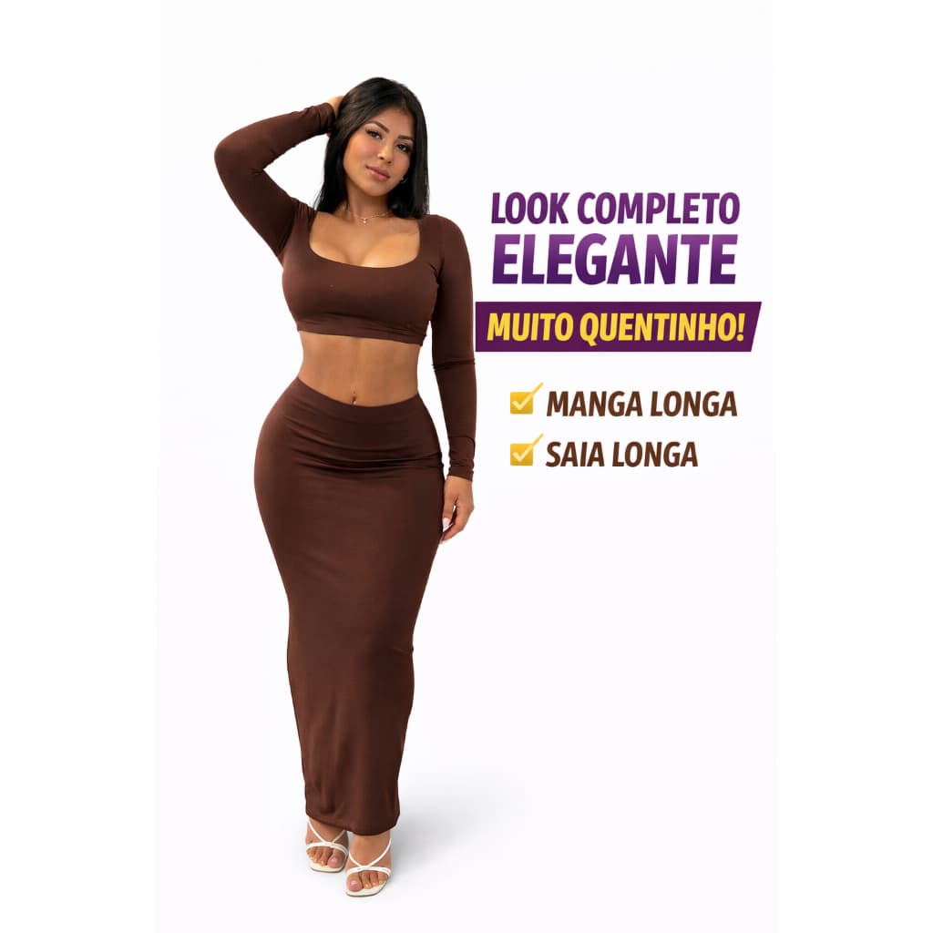 Conjunto Feminino Cropped e Saia Longa Moda Blogueira Suplex