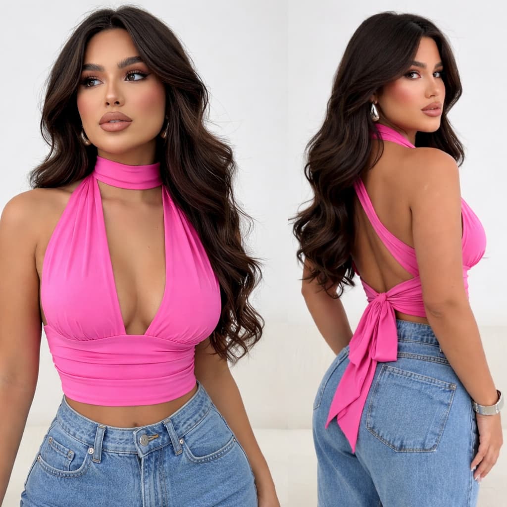 Top Cropped Frente Única Amarração Multi forma Decote Moda Gringa