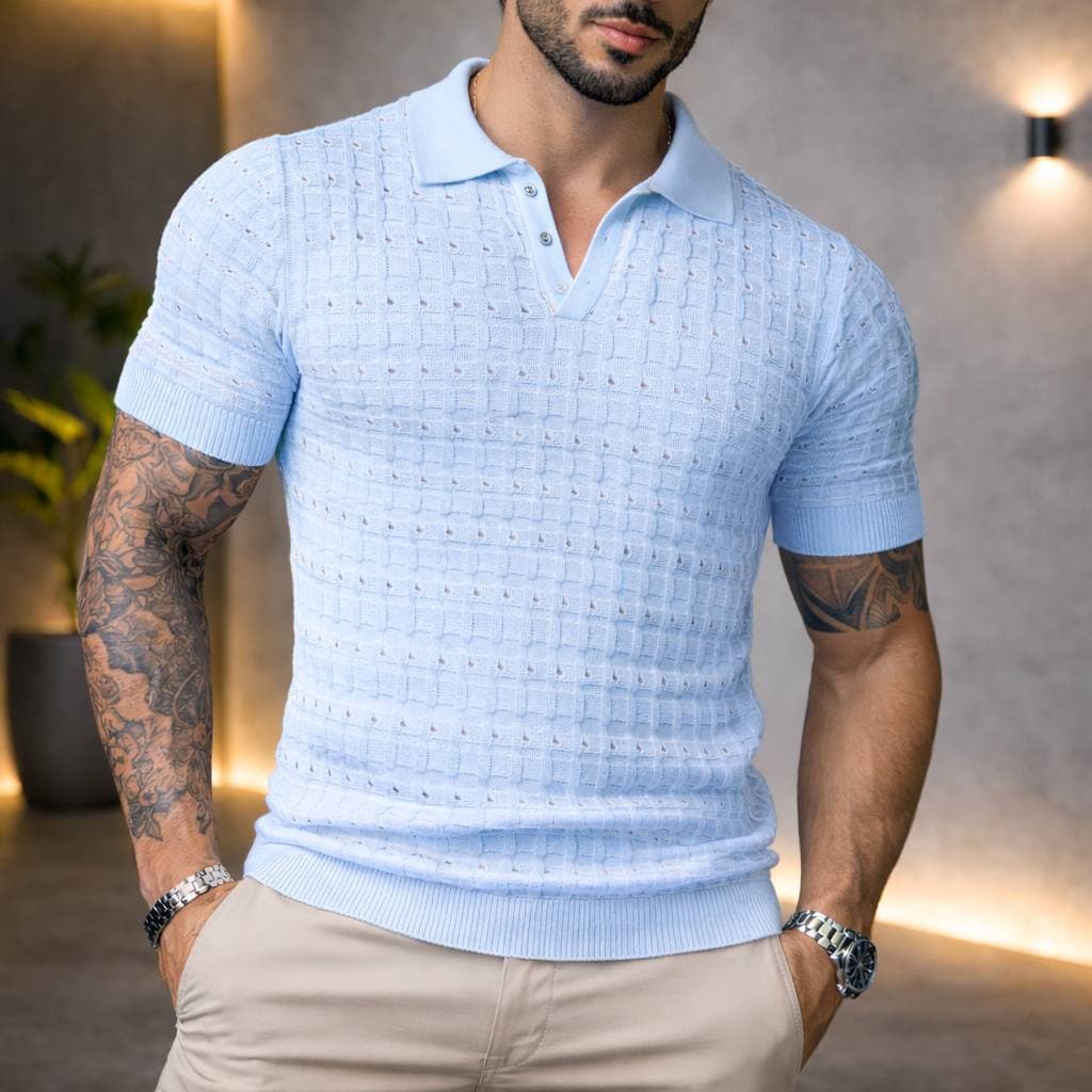 Camisa masculina blusa tricot gola polo com botões manga curta vazado croche estiloso qualidade premium envio imediata