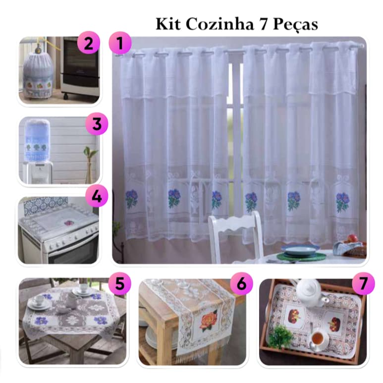 Kit Cozinha 7 Peças Em Renda Branca Estampada Galinha ou Vaquinha