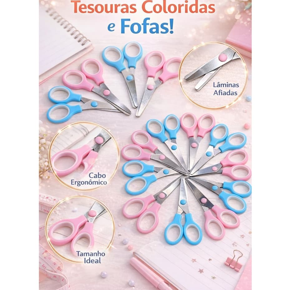 Tesoura Escolar 13cm Sem Ponta Infantil Cabo Colorido Azul e Rosa Infantil kits c/3, 5 e 10