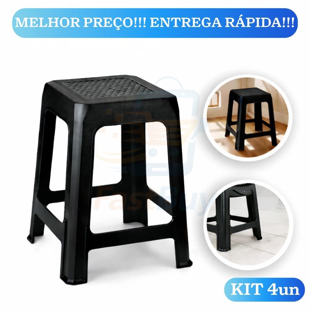Kit 4 Banqueta Plástica Preta Reforçada Empalhável Banco Cadeira Multiuso Resistente