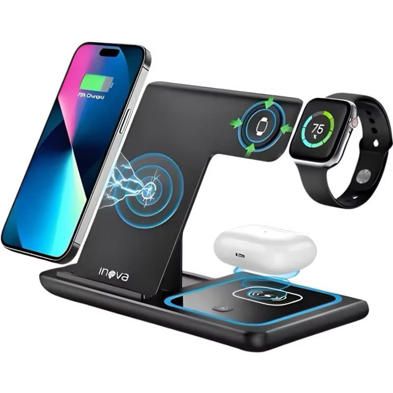 Carregador 3 em 1 Sem Fio Inova iPhone Android Galaxy Apple Watch AirPods Base Wireless Indução Dobrável