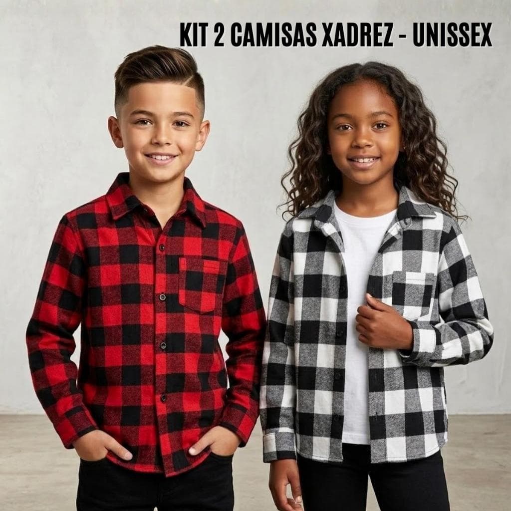 Kit 2 Camisas Xadrez Infantil Flanelada Unissex Menino Menina Inverno Festa Junina Tamanho 2 ao 10