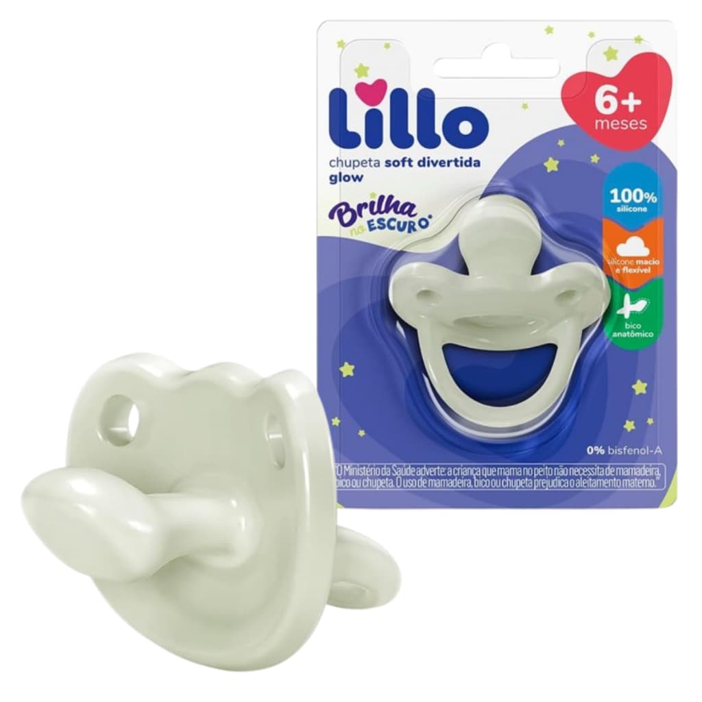 Chupeta Soft Divertida Glow Lillo Ortodôntica 100% Silicone Brilha no Escuro com Alça +6 Meses
