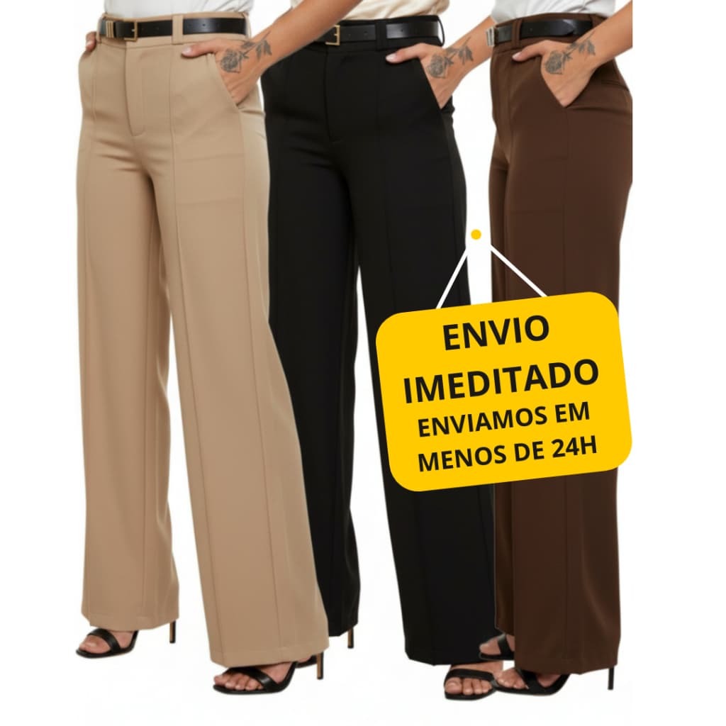 Calça Pantalona Alfaiataria Wide Leg Feminina Premium Com Bolso Social