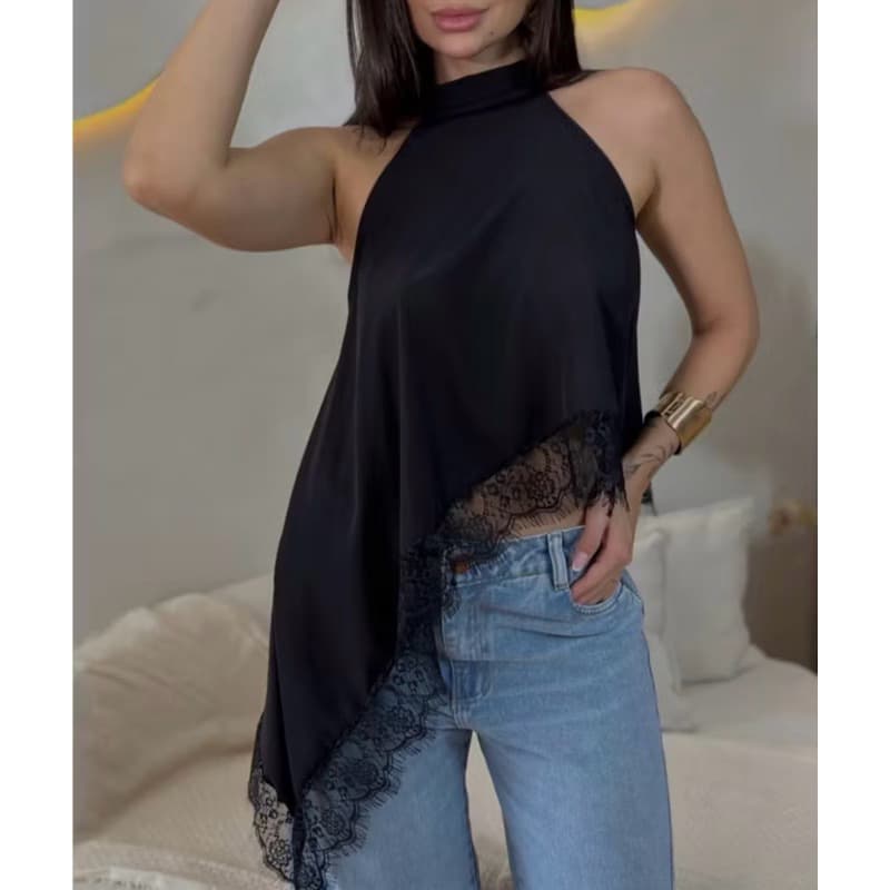 Blusa Feminina Frente Única Assimétrica com Renda Elegante e Moderna com Gola Alta Casual Chique Moderna Estilosa