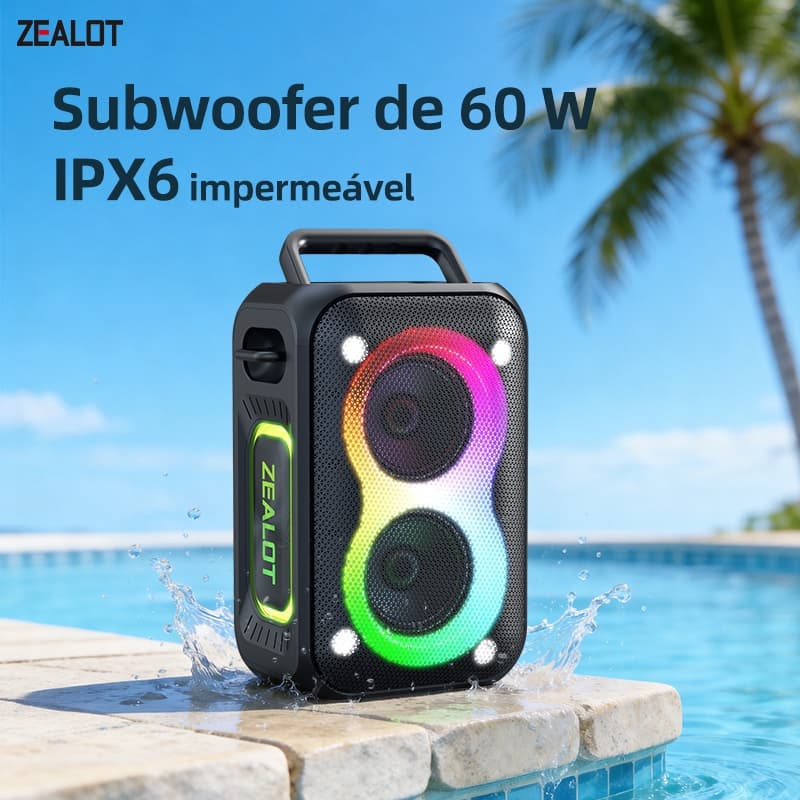 ZEALOT PT02 Caixa de Som Bluetooth Portátil 60W Potente, TWS Estéreo, Bateria 8000mAh Longa Duração, Alto-falante Sem Fi