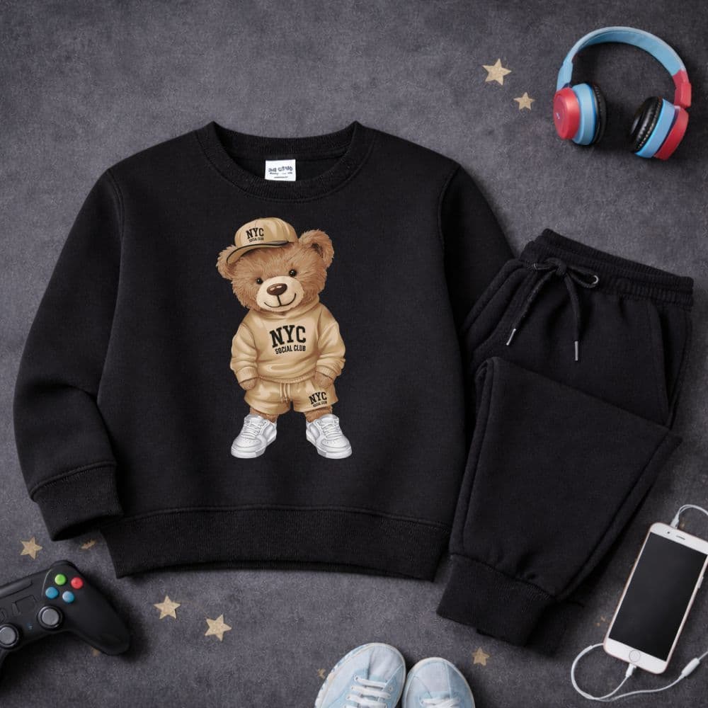 Conjunto moletom infantil e juvenil urso nyc calça moletom premium de algodão