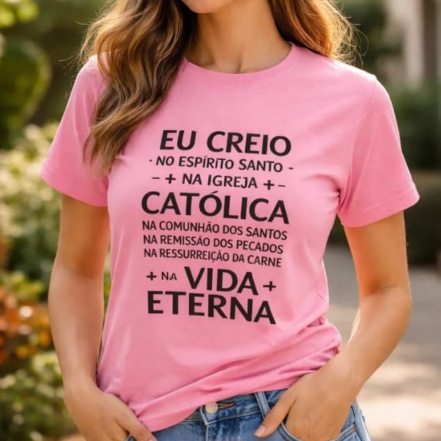 Camiseta Católica Oração do Credo Fé Jesus Salvação Biblia Igreja Camisa Branca Rosa Feminina Masc