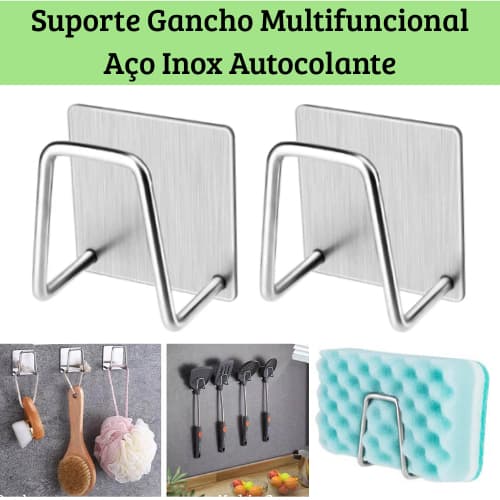 Kit Suporte Gancho Multifuncional Aço Inox Autocolante Suporte Organizador Esponja Cozinha Banheiro