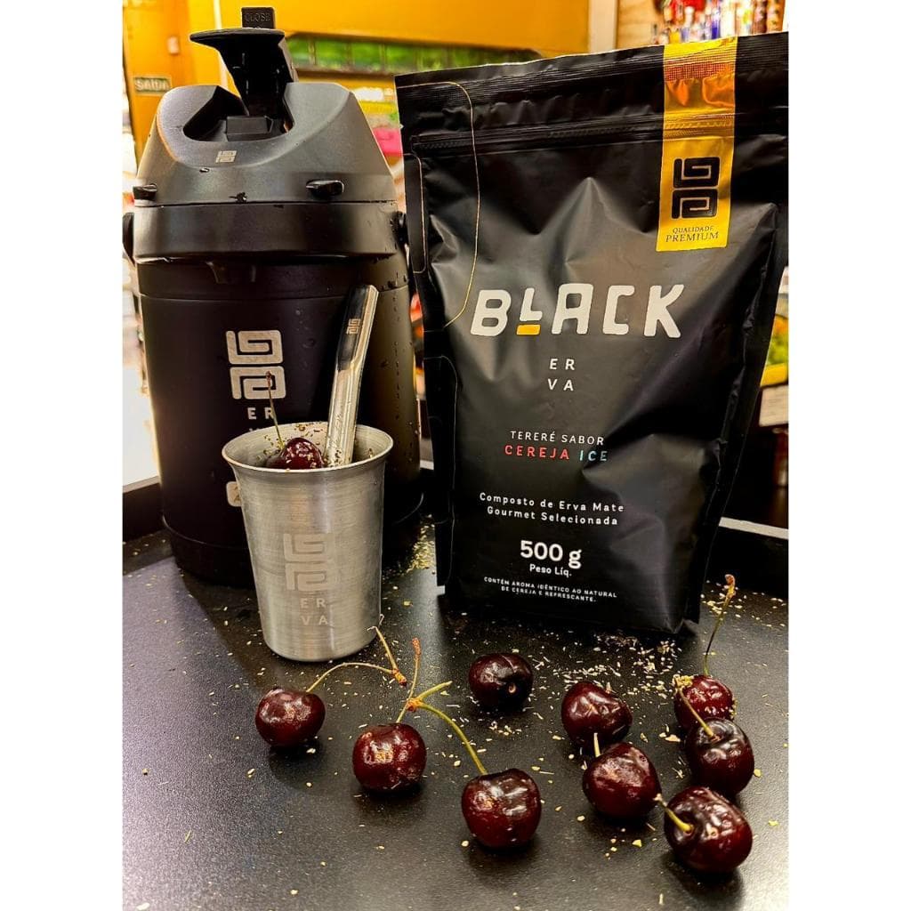 KIT TERERÉ BLACK ERVA SABOR CEREJA ICE – GARRAFA TÉRMICA + COPO INOX + BOMBA + ERVA 500G