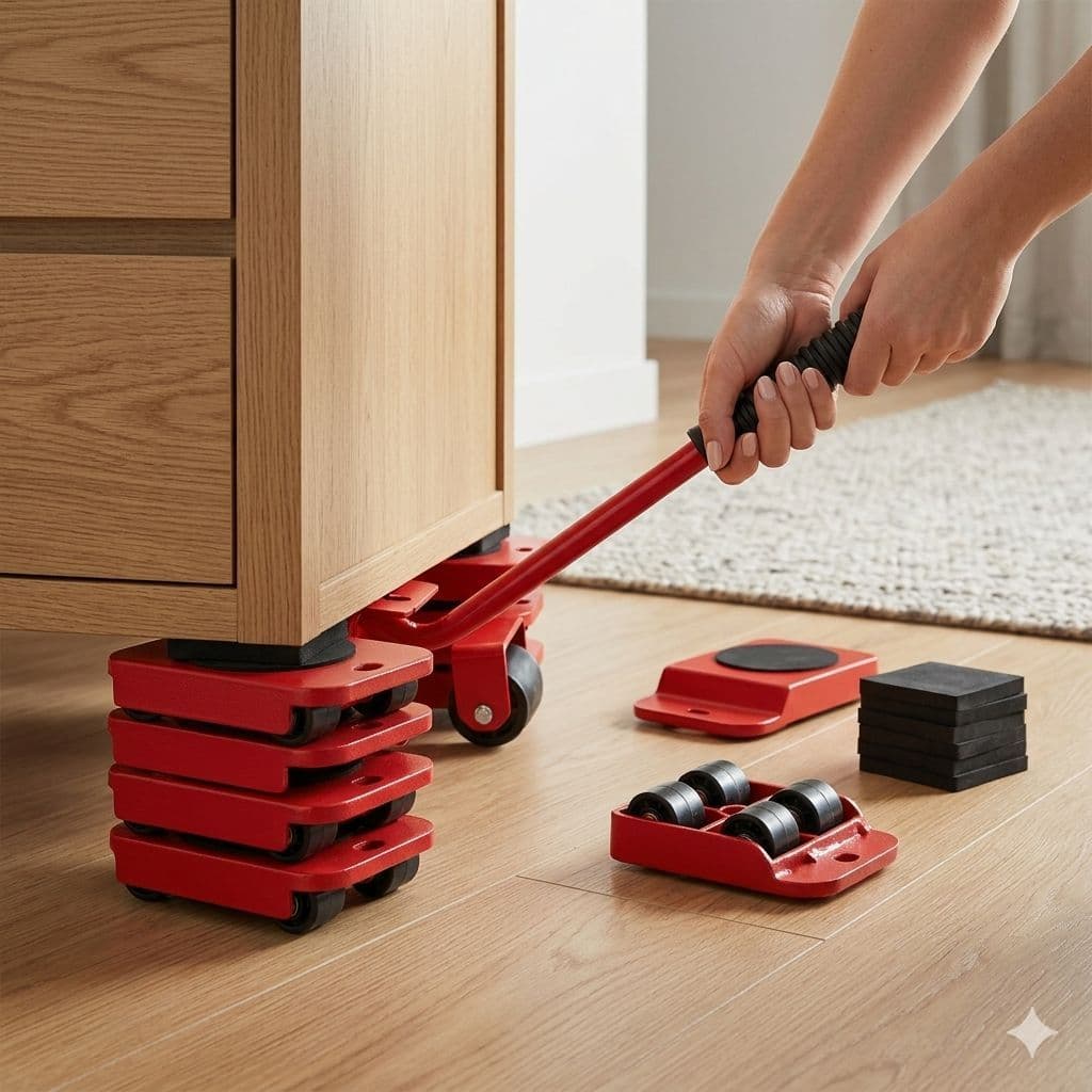 Kit 5 peças Levanta e Move Móveis Pesados com Rodízios – Ferramenta para Transportar Geladeira Sofá Armário
