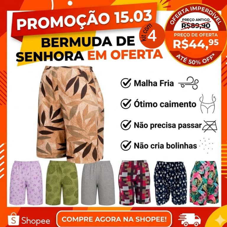 Kit 4 Bermudas de senhoras idela para senhoras  Malha Fria Premium, Frescor e Conforto