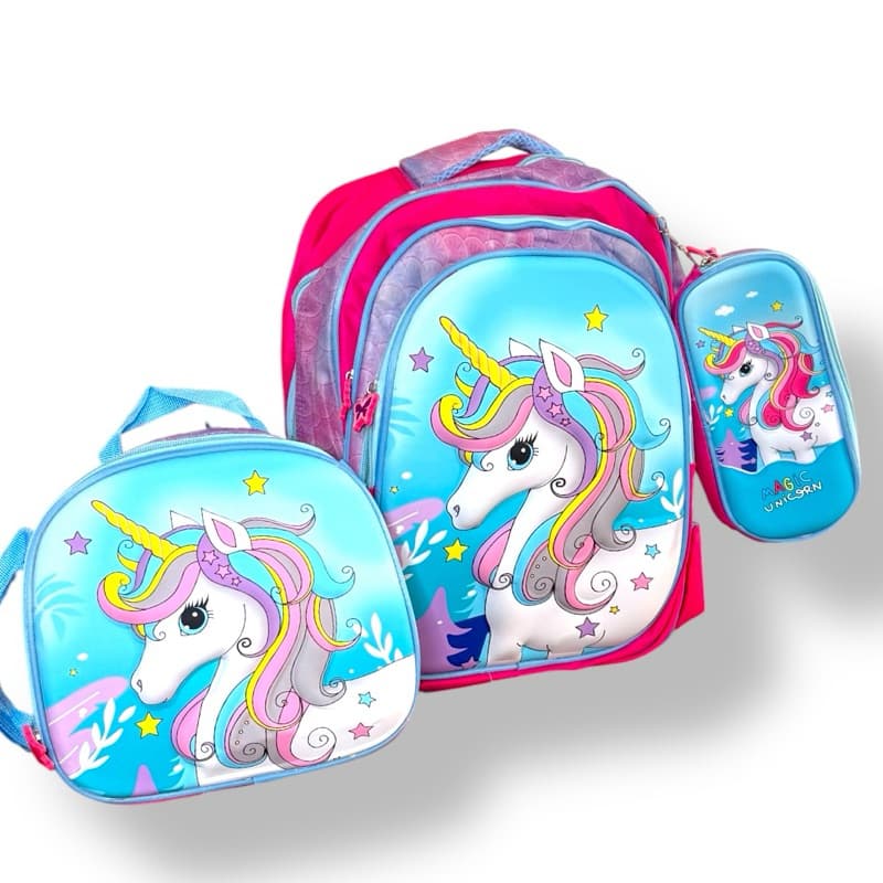 Kit Mochila Escolar Infantil Unicornio Kit mochila grande Costas Lancheira Térmica e Estojo 3D