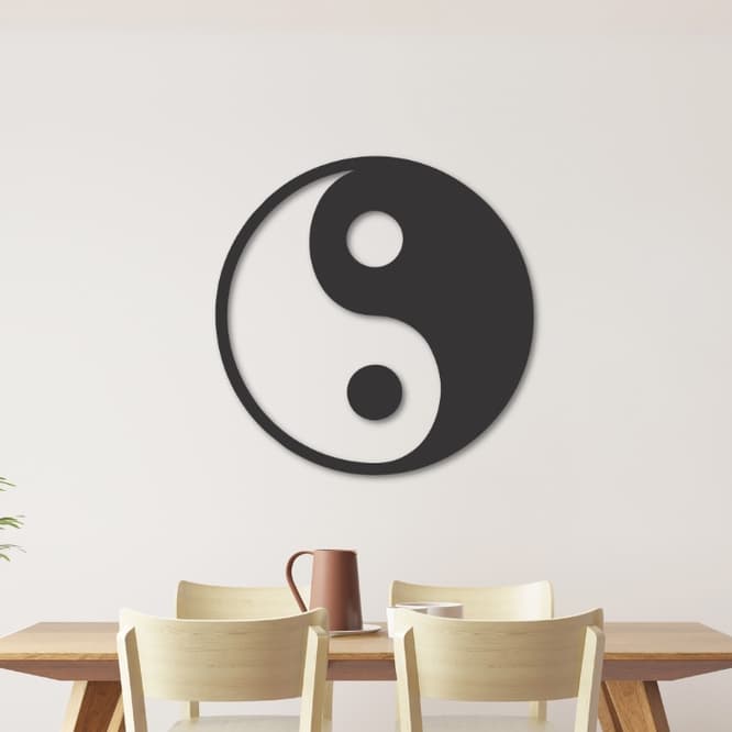 Placa Quadro YIN YANG Símbolo Místico Madeira MDF Com Fita Dupla Face Preto Fosco