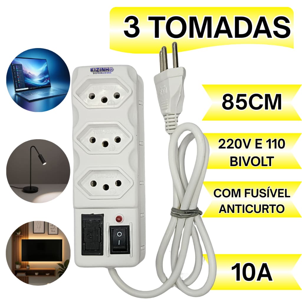 Filtro de Linha 3 Tomadas Branca 10A 85cm Bivolt 110v 220v com Fusível de Proteção