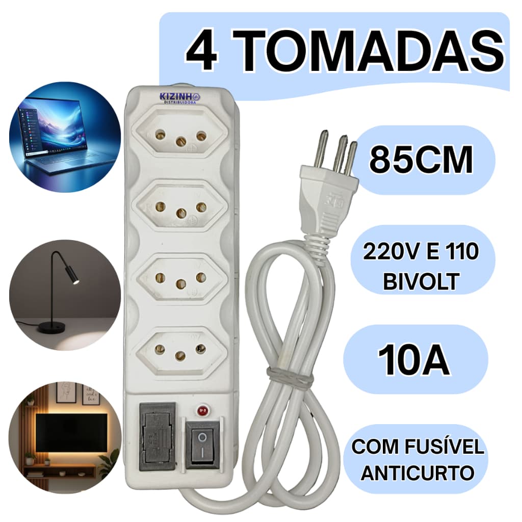 Filtro de Linha 4 Tomadas 10A Branca 85cm Bivolt com Fusível de Proteção