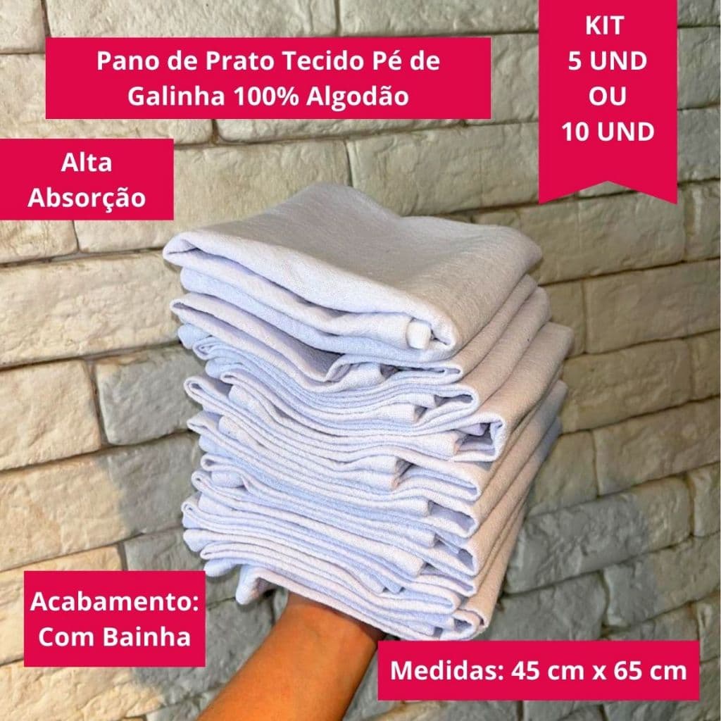Kit Pano de Prato Branco Grande Liso Tecido Pé de Galinha 100% Algodão Premium Com bainha