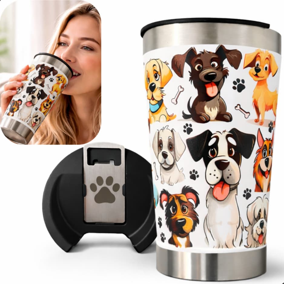 Copo Térmico 500ml Cachorro Pet Aço Inox Gravação UV 360° Presente Amante de Cães Tampa Abridor