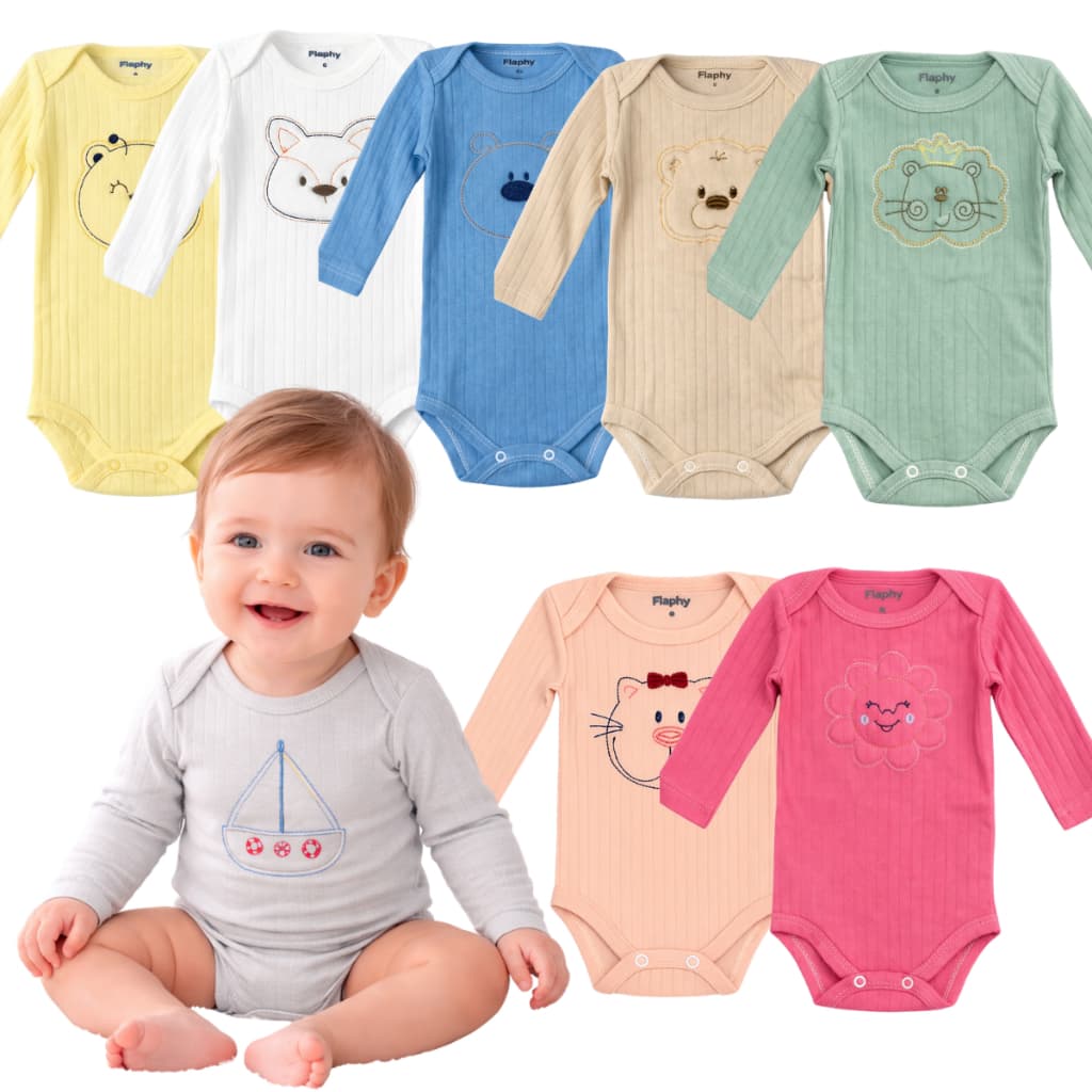 Kit 3 Body Bebê Bordado Manga Longa Suedine 100% Algodão Respirável Menino Menina Unissex